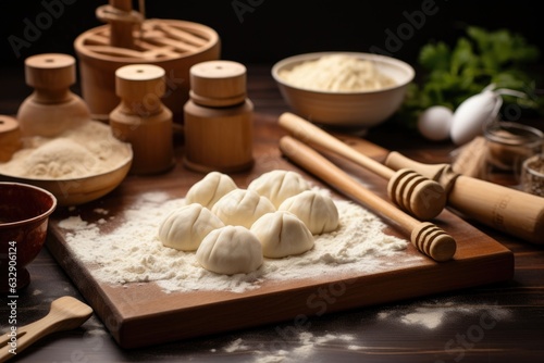 dumpling dough with rolling pin and tool
