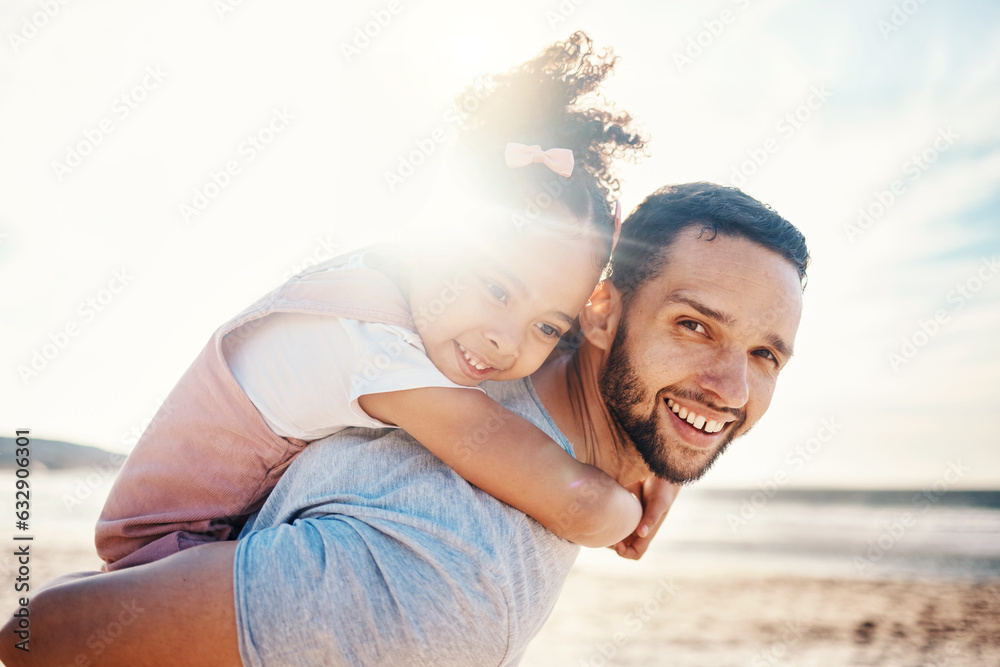 Obraz premium Portrait, father and piggyback child at beach for summer holiday, family vacation and travel together in Colombia. Happy dad carrying young girl kid at ocean for love, care and support in sunshine