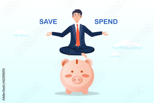 Doubtful man lotus sitting on piggy bank balancing save or spend choice, money decision, save or spend, financial options when receive bonus or extra money, choose to invest or pay off debt (Vector)