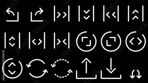 Animated arrow icons set with transparent background. White line arrows, loopable motion graphics, perfect for UI, presentations, infographics, and video overlays in 4K.