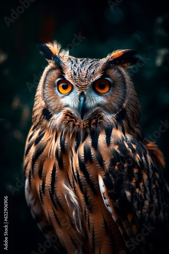 Beautiful eagle owl, on a dark background. Generative AI. © Agustin