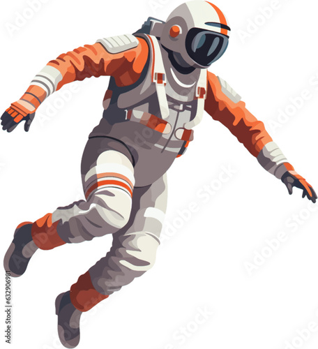 a spaceman wearing a jumpsuit and jumping between the air and the ground white background AI defined
