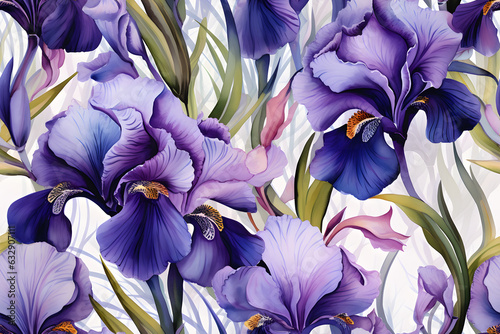 Iris Flowers bloom watercolor seamless pattern 
