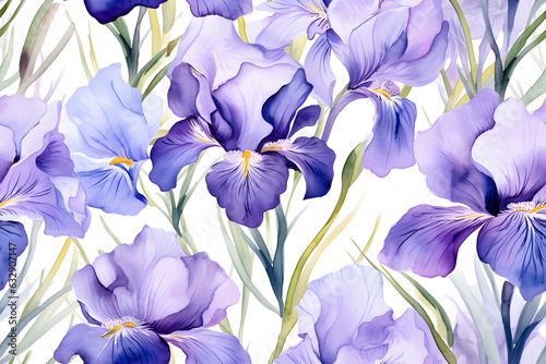 Iris Flowers bloom watercolor seamless pattern 