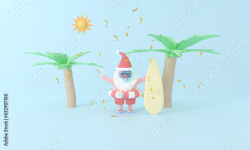 Experience a delightful 3D rendering Santa Claus in a diving suit, capturing the pastel magic of holiday surf travel with a view of coconut trees, sunlight, and beach. Embrace the joy of summer photo