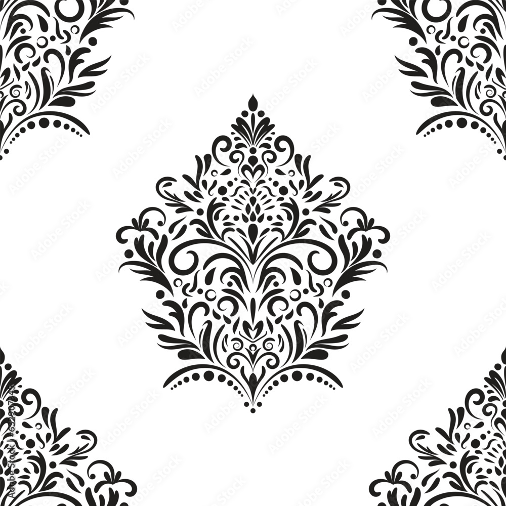 Fototapeta premium Damask floral motif tile pattern. Luxury wallpaper texture ornament decor. Baroque Textile, fabric, tiles. Isolated on Transparent background.