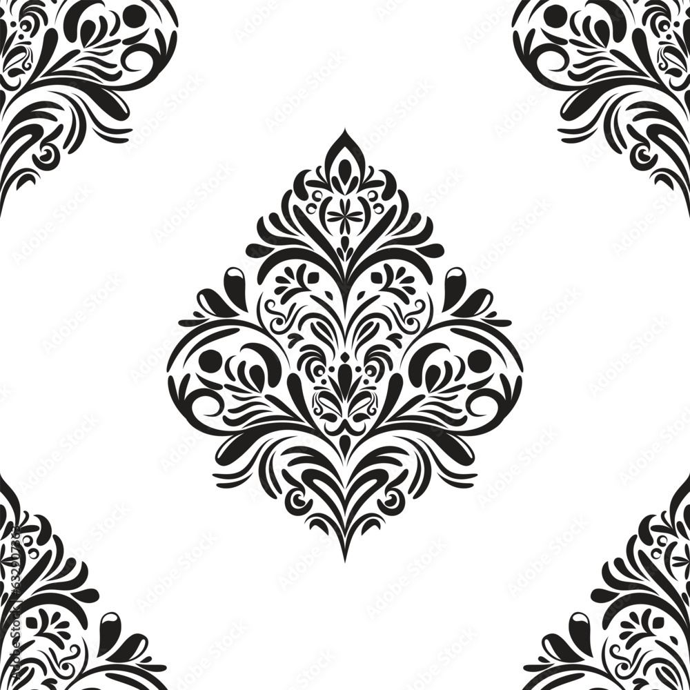 Damask floral motif tile pattern. Luxury wallpaper texture ornament decor. Baroque Textile, fabric, tiles. Isolated on Transparent background.