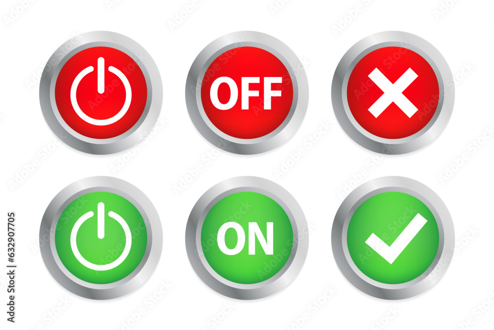 On Off Slider, Set Power On Off Switch Button, On and Off Slider, Shutdown Symbol, Slider On Off Push Button, 3D Realistic Glossy And Shiny Glowing Energy Icons. Tick and cross. Vector illustration On Off Slider, Set Power On Off Switch Button, On and Off Slider, Shutdown Symbol, Slider On Off Push Button, 3D Realistic Glossy And Shiny Glowing Energy Icons. Tick and cross. Vector illustration