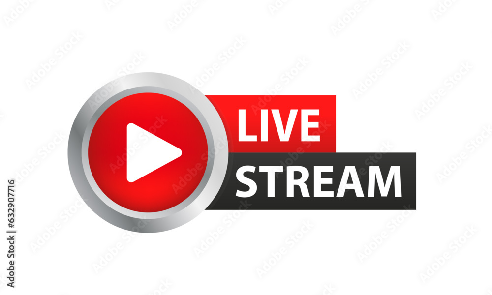 Flat style live stream vector icon with play button isolated on white background for blog, player, broadcast, website, online radio, media labels, logo. Glossy button. Vector illustration Flat style live stream vector icon with play button isolated on white background for blog, player, broadcast, website, online radio, media labels, logo. Glossy button. Vector illustration