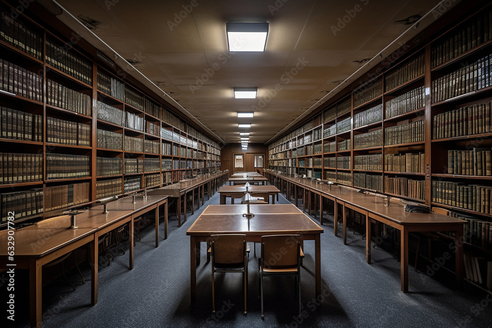 Silent library with unoccupied study desks and shelves of books, Business, 