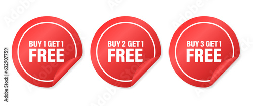 Buy 1 Get 1 Free, Buy 2 Get 1 Free, Buy 3 Get 1 Free red sticker, sale tag, banner design template. Label. Promotion special offer banner. Big sale - banner for marketing. Vector illustration