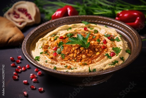 close-up of freshly made hummus in a bowl