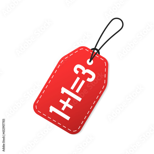 1+1=3 sticker for special offer «Buy two and get Three» in rope tag form - isolated vector element. Promotion special offer banner. Big sale - banner for marketing. Vector illustration