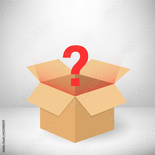 Mystery box concept. Opened cardboard box with a question mark. Box with surprise inside. Lucky prize present surprise secret. Mystery box gift question icon. Vector illustration