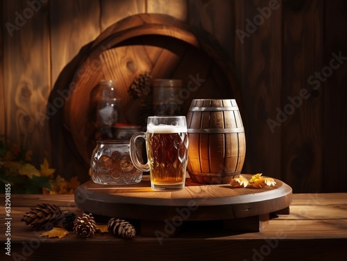 Beer glasses with beer barrel on table generative ai