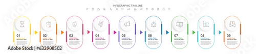 Timeline vector infographic with infochart and arrows. Business modern template presentation with 9 steps and icons for the process. Art template on white background with nine circles