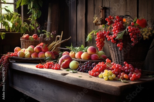 freshly picked fruits on a rustic wooden table