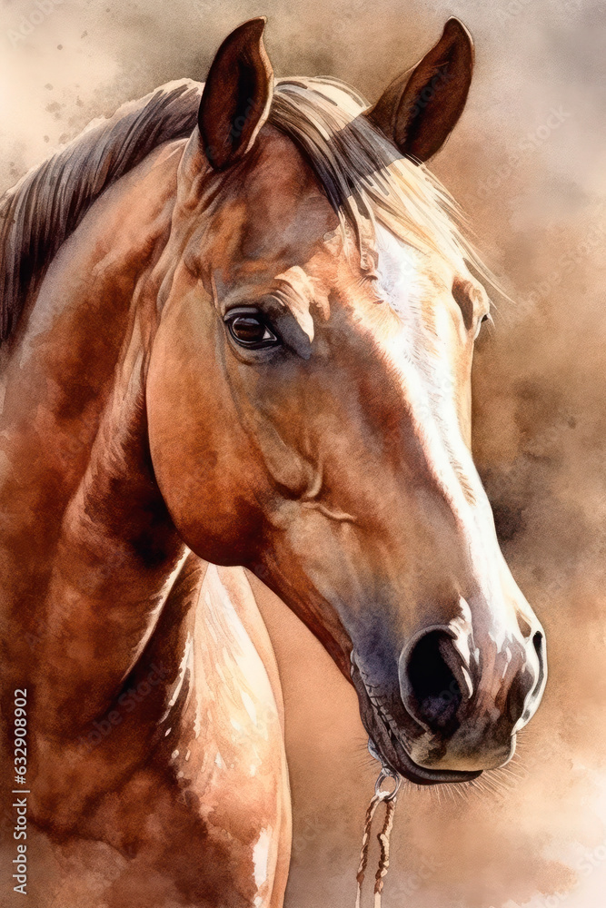 Obraz premium An Arabian horse depicted in a color print, watercolor painting. Generative AI.