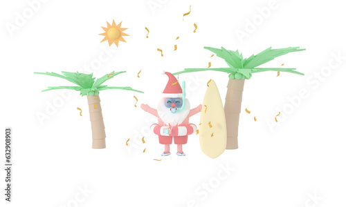 PNG Experience a delightful 3D rendering Santa Claus in a diving suit, capturing the pastel magic of holiday surf travel with a view of coconut trees, sunlight, and beach. Embrace the joy of summer photo