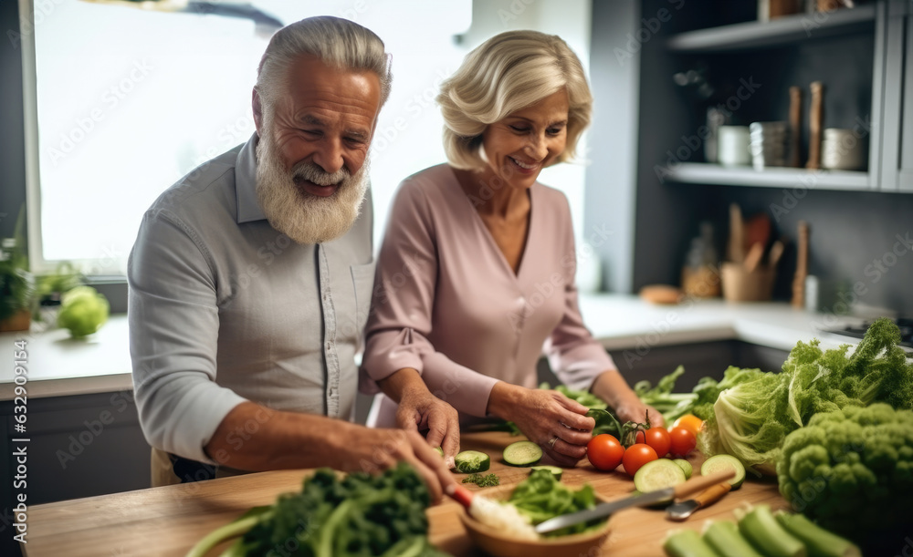 Happy seniors prepare vegan food in modern kitchen at home.