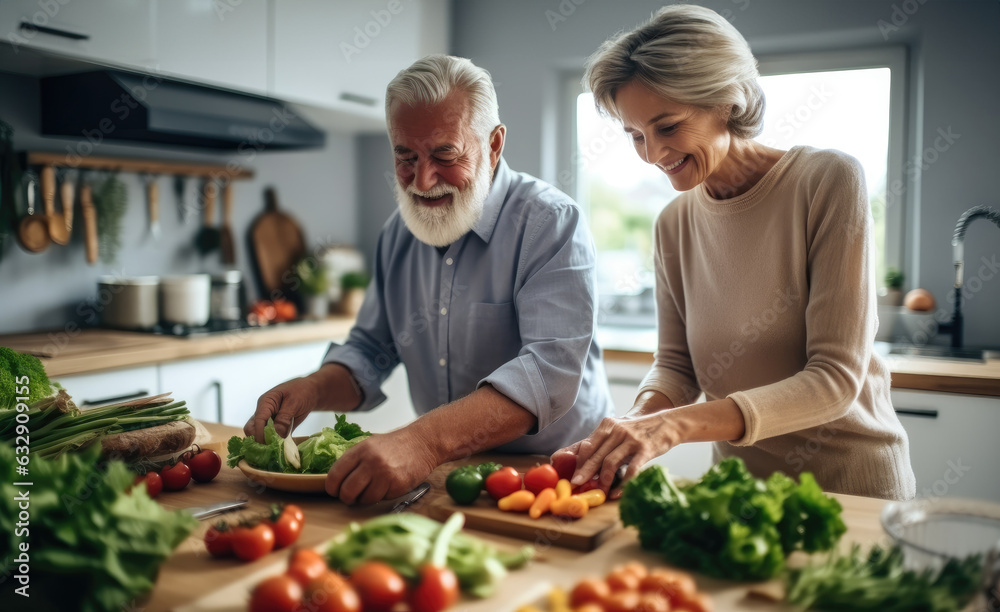 Happy seniors prepare vegan food in modern kitchen at home. Happy seniors prepare vegan food in modern kitchen at home.