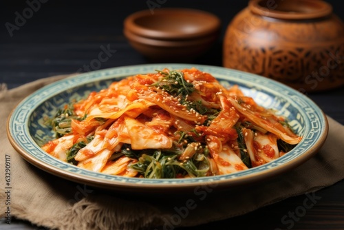 sliced kimchi served on a traditional ceramic plate