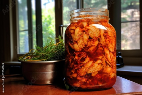fermented kimchi in a jar, with bubbles visible