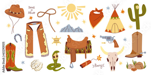 Set isolated design elements of wild west in flat vector style on white background. Cowboy hat boots chaps bandana handgun saddle lasso wigwam snake cow skull horseshoe dynamite
