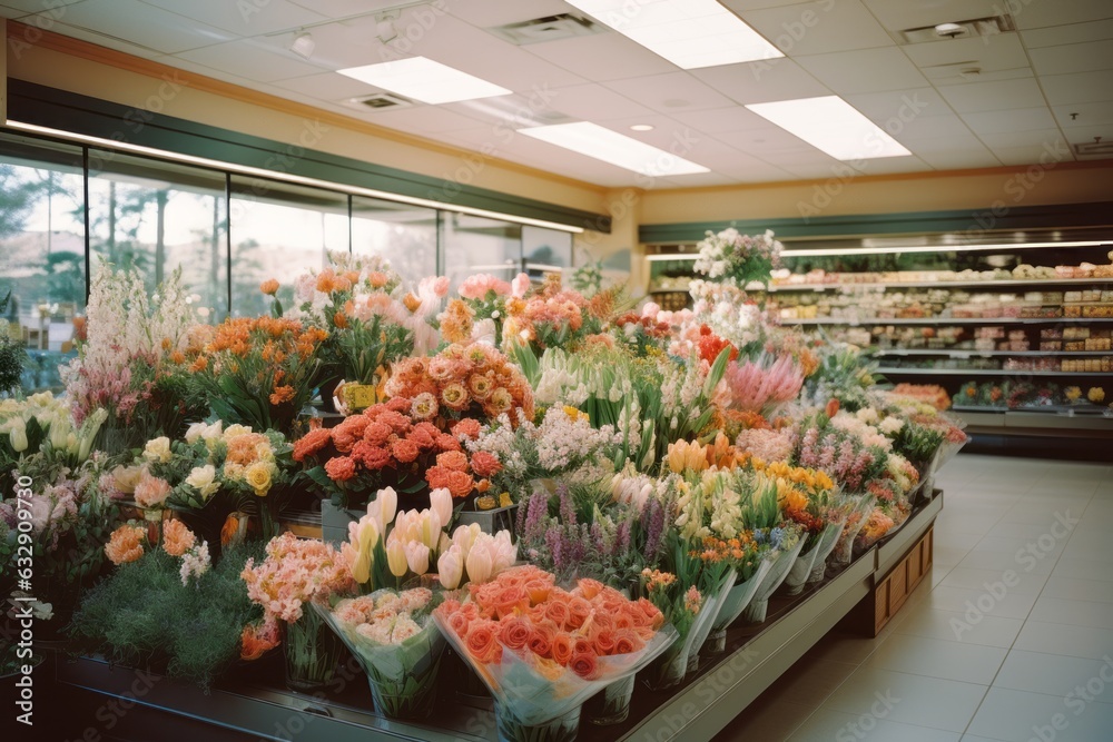 Grocery Stores Floral Department With Various Of Flowers, Generative AI