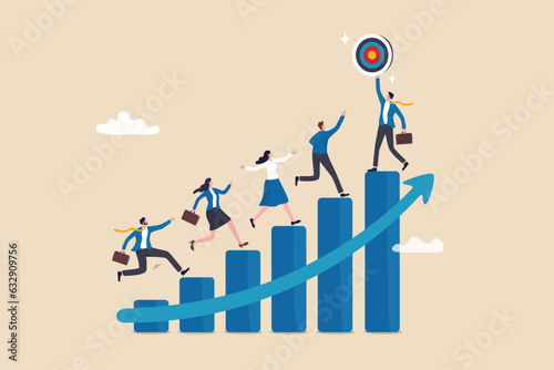 Career development, growth or step to reach goal, ladder to stairway to achieve target, employee engagement, challenge or inspiration concept, employee running on growth graph to reach manager target.