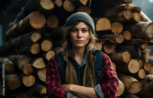 Young logging worker woman at work. Generative AI.