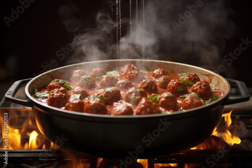 steaming pan of marinara sauce with meatballs