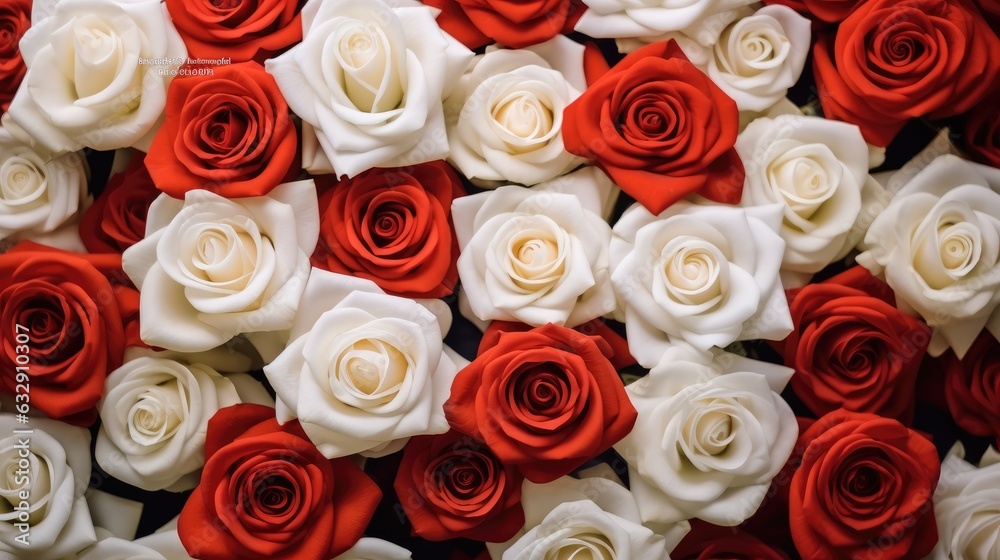 Fototapeta premium Flowers wall background with red and white roses, Top view, Wedding concept.