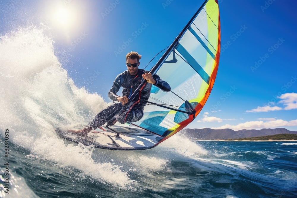 Naklejka premium Exhilarating experience of windsurfing from a first-person perspective.
