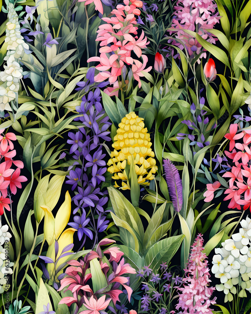 Obraz premium Wild Flowers bloom watercolor seamless pattern 