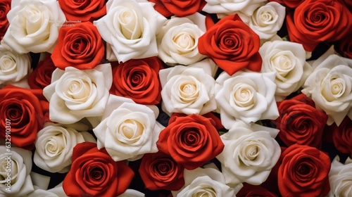 Flowers wall background with red and white roses  Top view  Wedding concept.