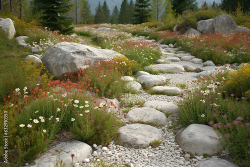 Alpine garden with rocky terrain and alpine flowers, Landscape Design,  photo