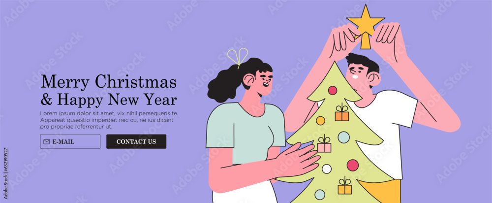 Employees or couple decorate Christmas tree together with garland and baubles. Christmas and new year banner, greeting card, web page. Characters celebrate winter holidays and x-mas at home or office. Employees or couple decorate Christmas tree together with garland and baubles. Christmas and new year banner, greeting card, web page. Characters celebrate winter holidays and x-mas at home or office.