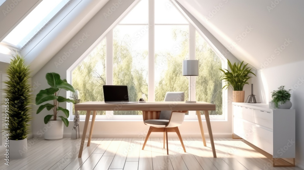 Fototapeta premium White walls with desk and sunlight rays streaming through windows, Home office for remote work.