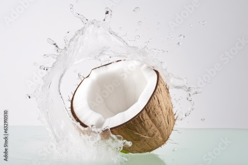 Ripe coconut and water on a white background. 