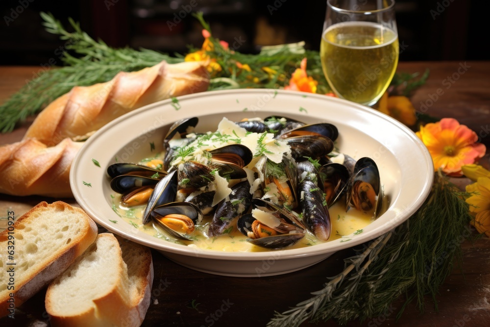 steamed mussels in white wine sauce on a plate