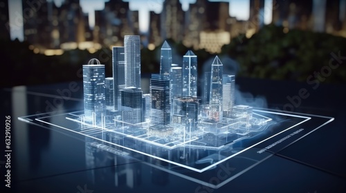 Modern buildings hologram, Real estate business and building technology concept.