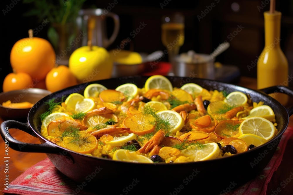 finished paella dish with lemon wedges on top