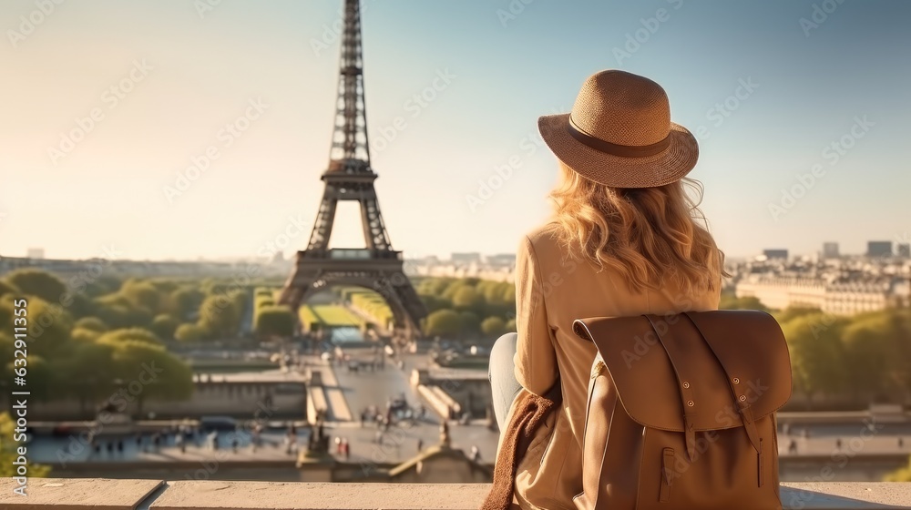 Fototapeta Rear view young girl with backpack in hat sitting looks into the distance at the Eiffel Tower in Paris, Travel concept.