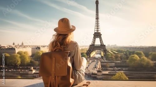 Rear view young girl with backpack in hat sitting looks into the distance at the Eiffel Tower in Paris, Travel concept.