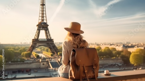 Rear view young girl with backpack in hat sitting looks into the distance at the Eiffel Tower in Paris, Travel concept. photo