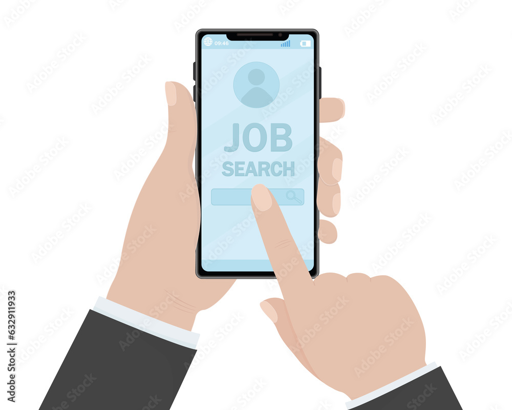 Job search with magnifying glass hand in suit business style resume evaluation worker with phone background screen vector illustration Job search with magnifying glass hand in suit business style resume evaluation worker with phone background screen vector illustration