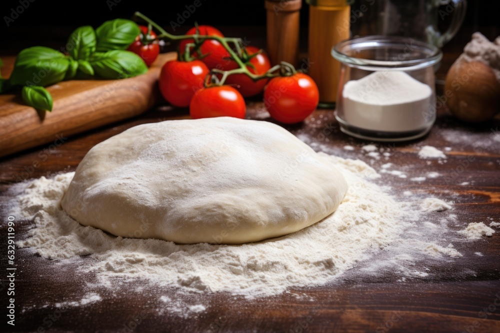 fresh pizza dough on a floured wooden surface fresh pizza dough on a floured wooden surface