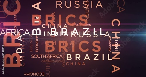 BRICS kinetic text abstract concept loop animated. Brazil Russia India China South Africa word typography seamless looping 3d animation.