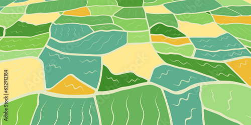 Bird eye perspective view on farm field with harvest in flat style. Abstract pattern of farmland with grass, barley, wheat, rye, corn and soy bean. Agricultural plants. Cartoon landscape with texture